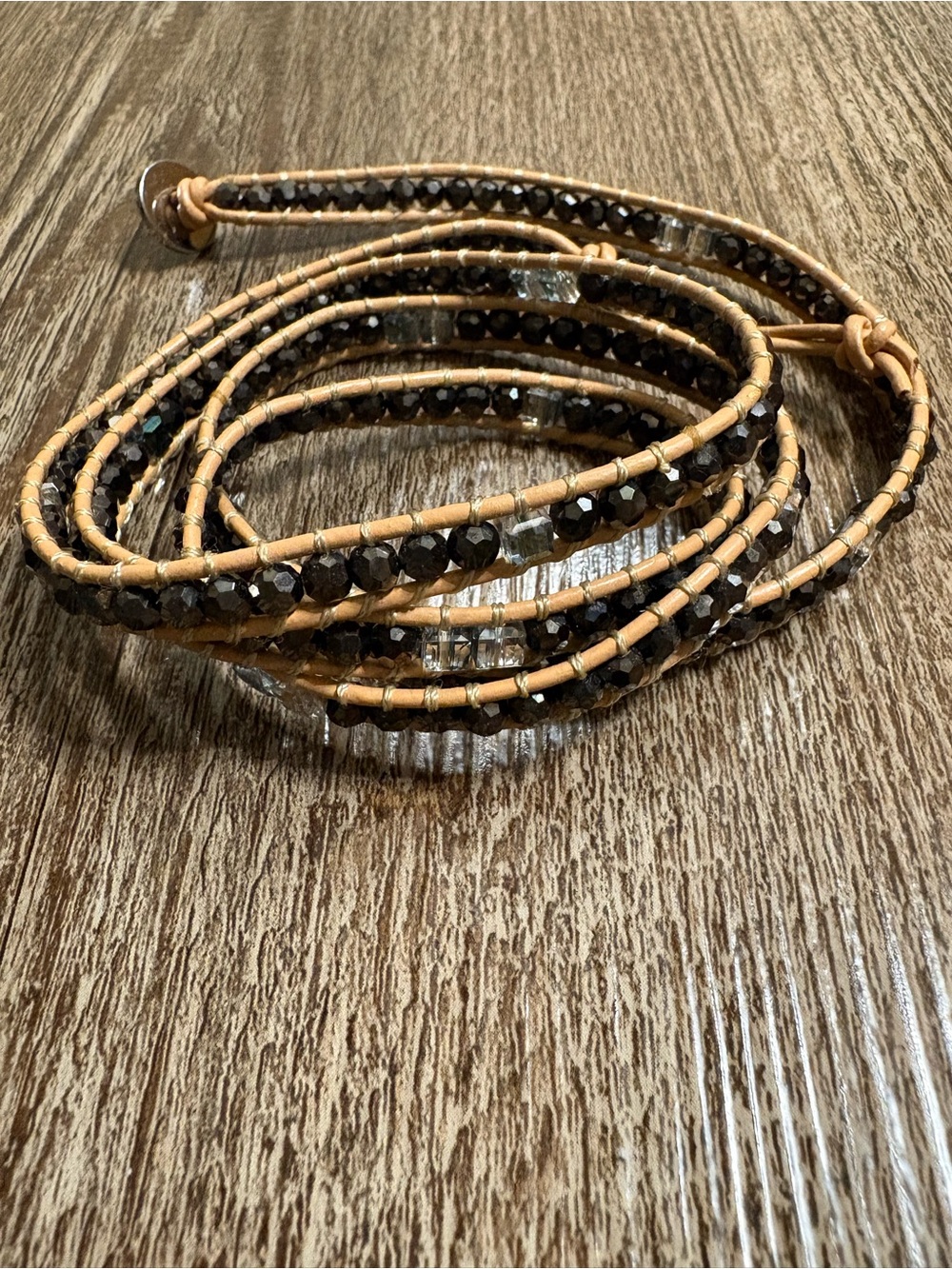 Victoria Emerson Black Crystal Wrap on Tan Leather Cord